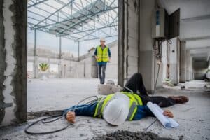 A construction worker lying on the ground after an electrocution injury in St. Louis