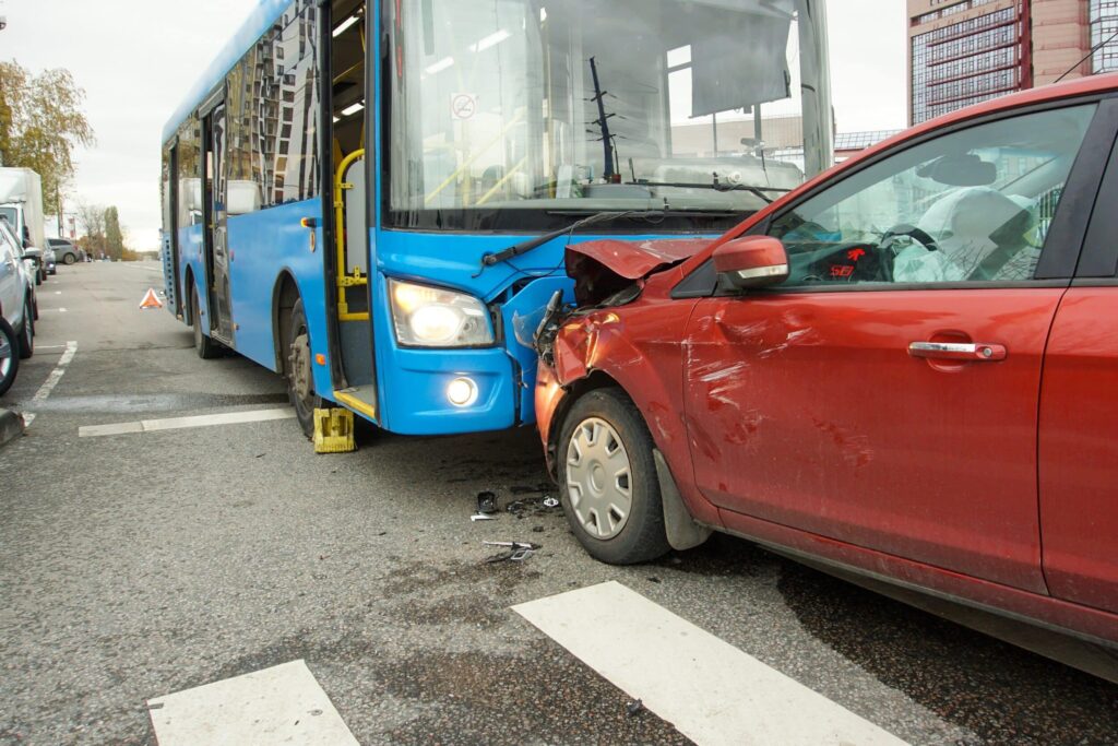 A car and bus head to head after a bus accident in St. Louis, MO