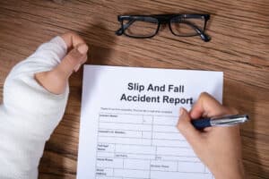 A person with a cast filling out a slip and fall accident report