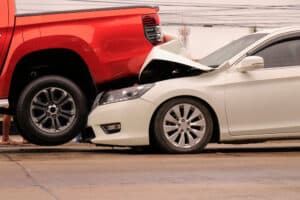 A car and truck involved in a multi-vehicle pileup