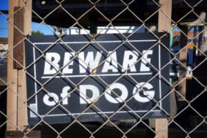 A "beware of dog" sign behind a chain link fence