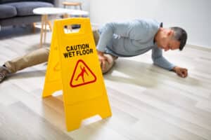 A man lying on the ground next to a wet floor sign
