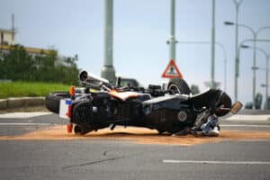 A motorcycle tipped on its side after an accident in St. Louis