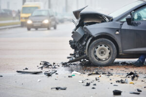 Damaged car after rear-ending another vehicle in a traffic accident.